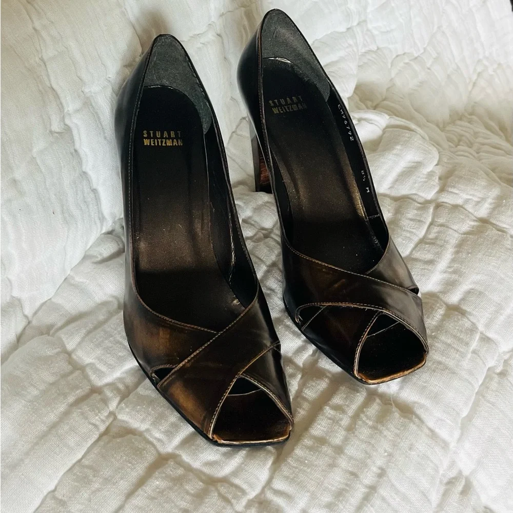 Stuart Weitzman Dark Brown Leather Peep Toe Block Heel Pumps Size 8.5